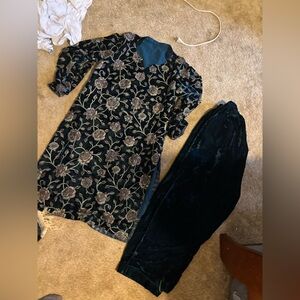 Floral Velvet Dress and Pants Set teal blue with shawl